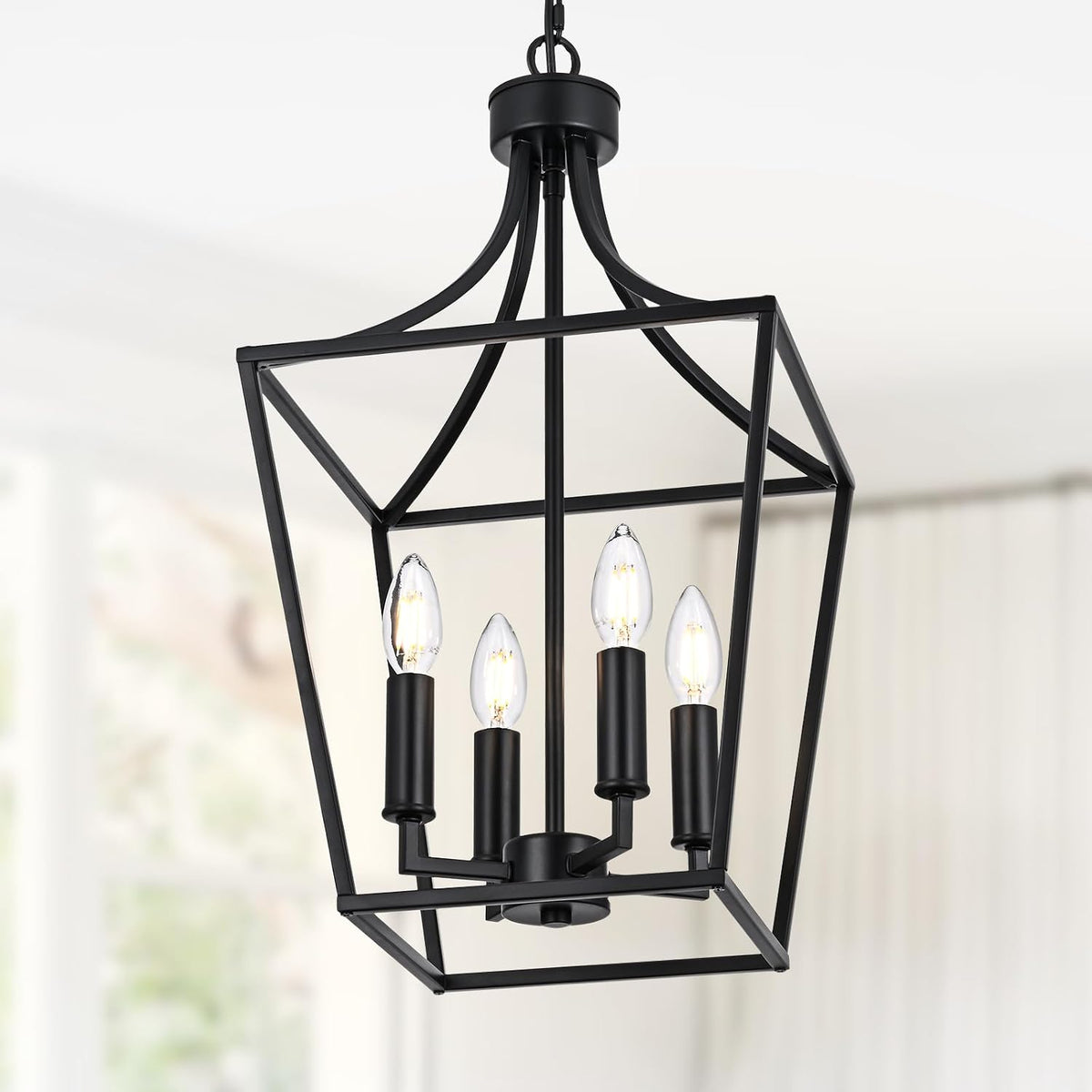 4-Light Farmhouse Lantern Chandelier, Black Pendant Light Fixture Adjustable Height for Kitchen Island Dining Room Foyer, Hanging Ceiling Lighting E12 Bulb Base