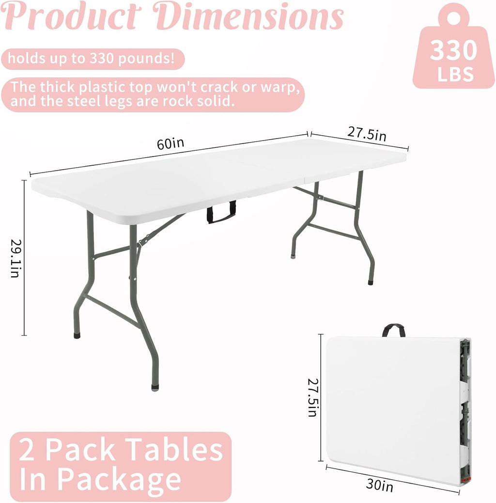 2 Pack 5 Feet Portable Folding Table White, Steel Legs Fold-in-Half with Carrying Handle Rectangular Plastic Foldable Table for Party, Wedding, Camping, Picnic, Dining, Indoor Outdoor Events (White)