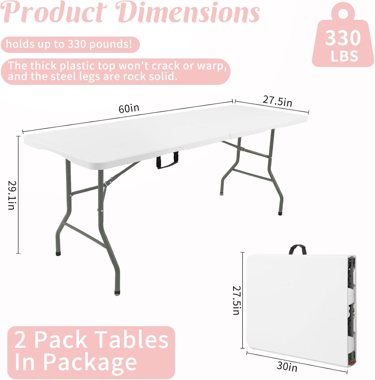 2 Pack 5 Feet Portable Folding Table White, Steel Legs Fold-in-Half with Carrying Handle Rectangular Plastic Foldable Table for Party, Wedding, Camping, Picnic, Dining, Indoor Outdoor Events (White)
