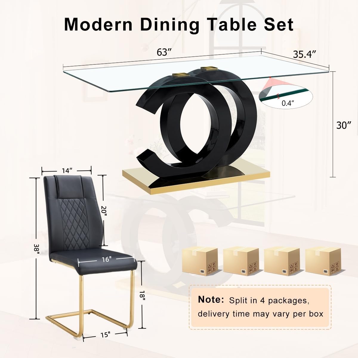 Ebullient Modern Dining Table Set for 6 ，7 Piece Dining Table Chairs Set for 6,Glass Table Top and Gold Base，Rectangular Dining Room Table with 6 Black PU Leather Upholstered Dining Chairs for Kitchen