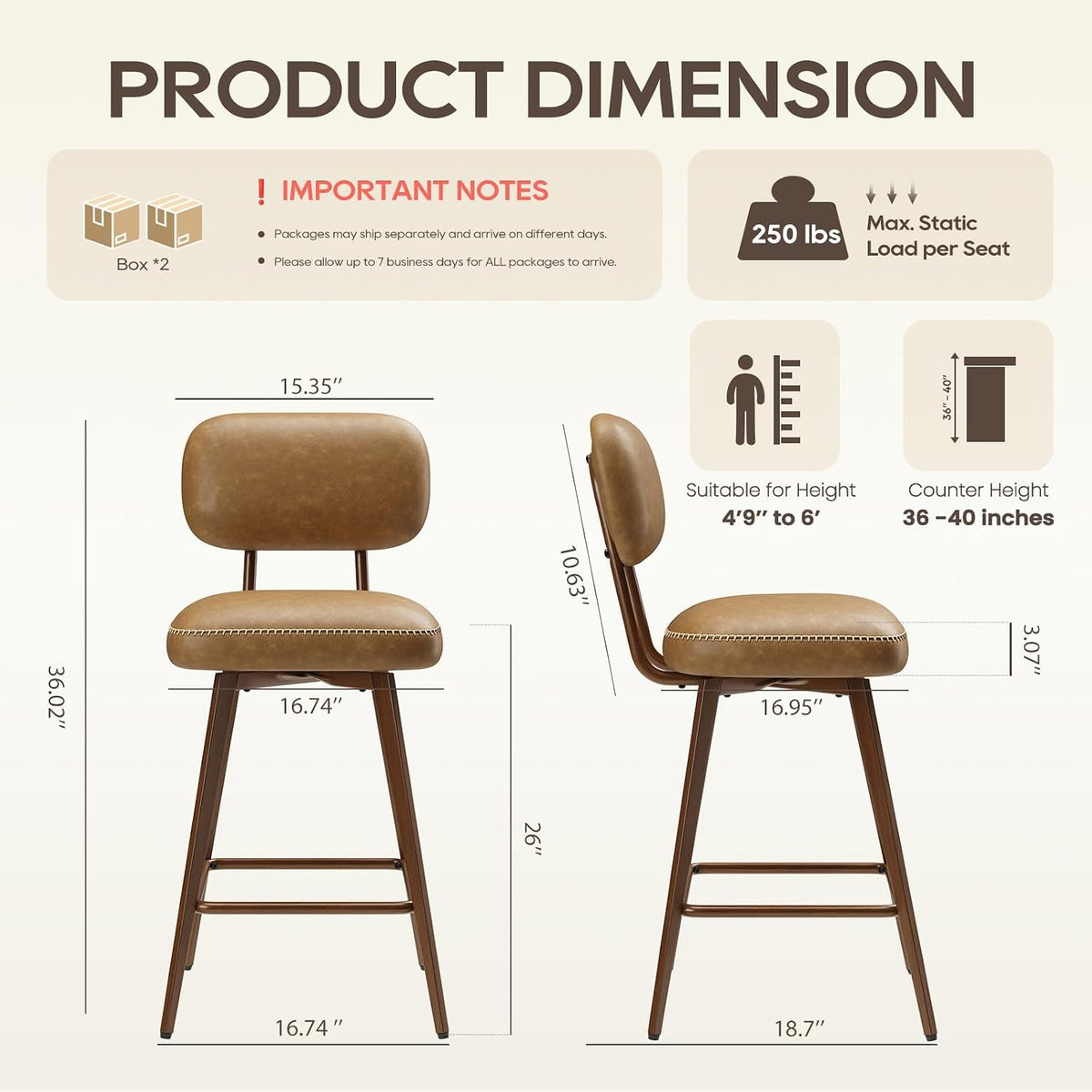 MALOL 26“ Swivel Bar Stools Set of 4, Mid Century PU Leather Counter Height Bar Chairs with Low Back and Metal Legs, Modern Bar Stool Chair for Kitchen Island, Brown