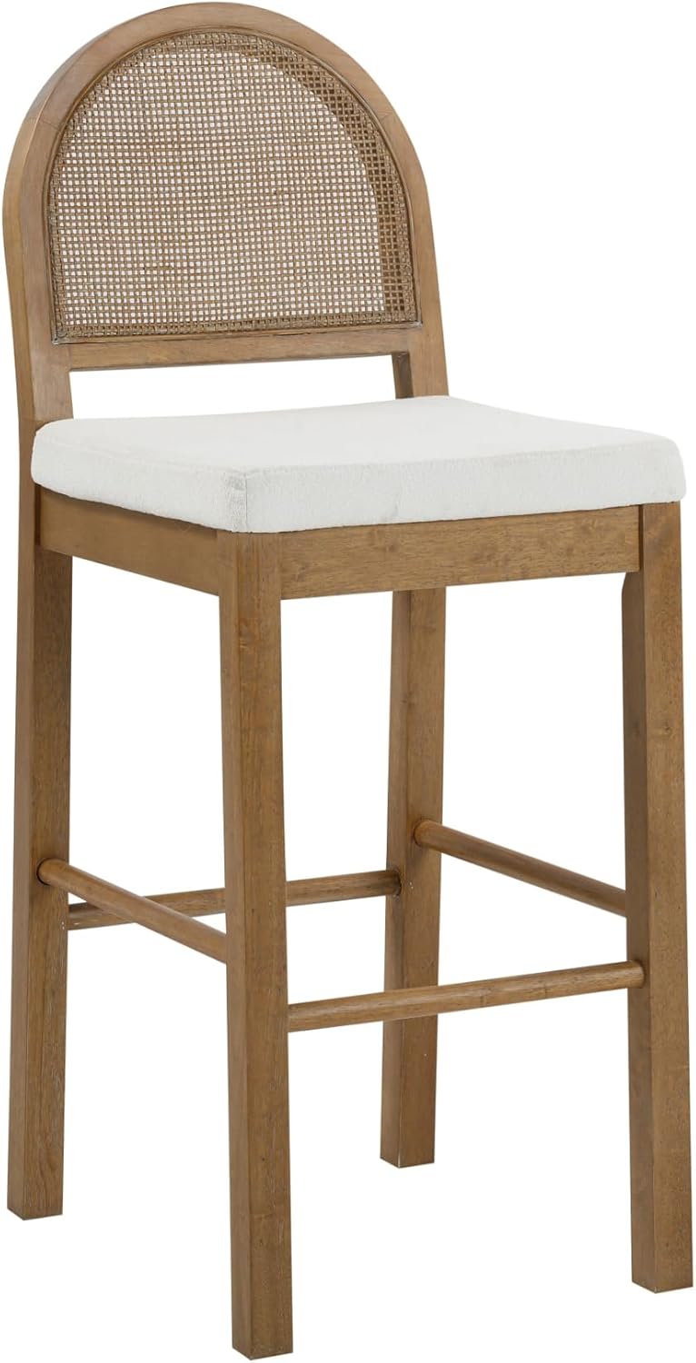 Nathan James Bailey 29 in. Boucle Bar Stool with Back, Bar Height Chair with Natural Woven Rattan Back and Solid Wood Legs, Light Brown