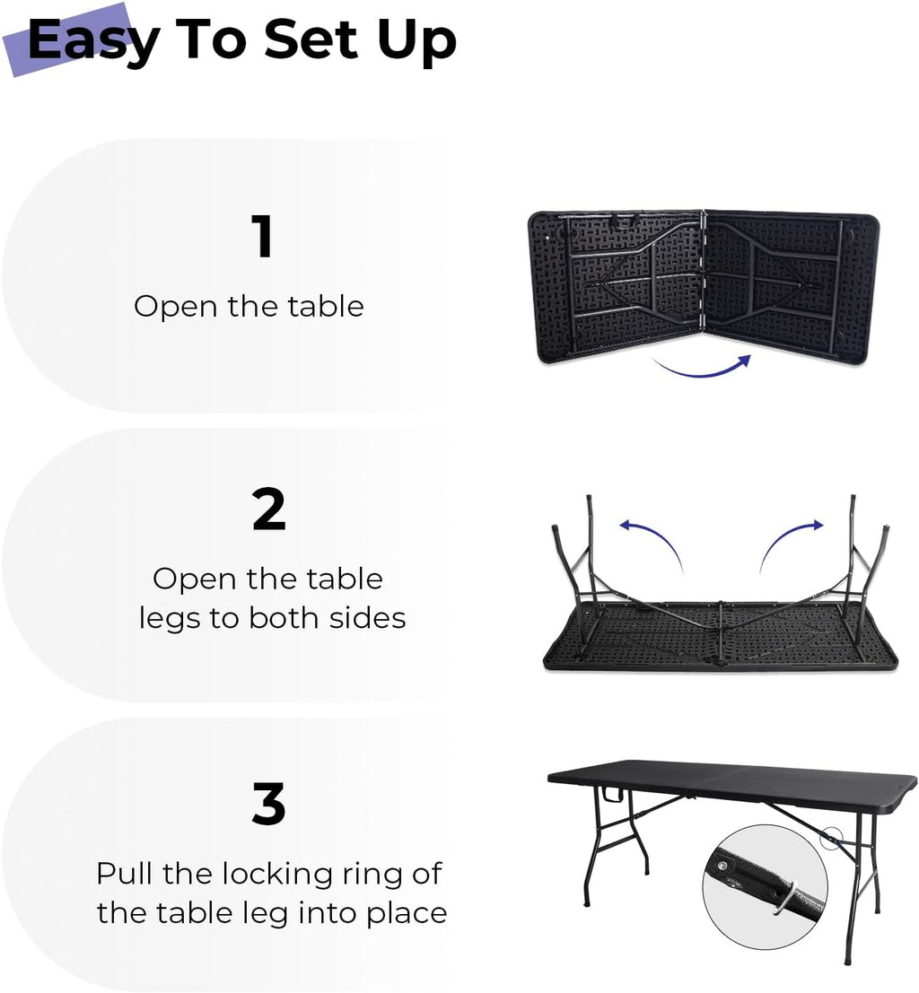 Folding Table 6ft, Heavy Duty Portable Utility Table with Handle, Black