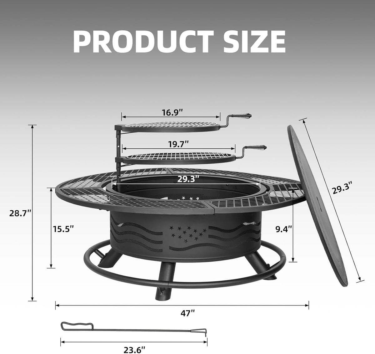 Panovue 47 Inch Fire Pit with 2 Cooking Grates and Table Lid