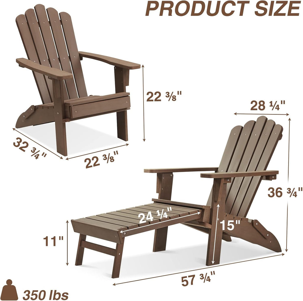 Folding Adirondack Chairs with Retractable Ottoman, Dark Brown