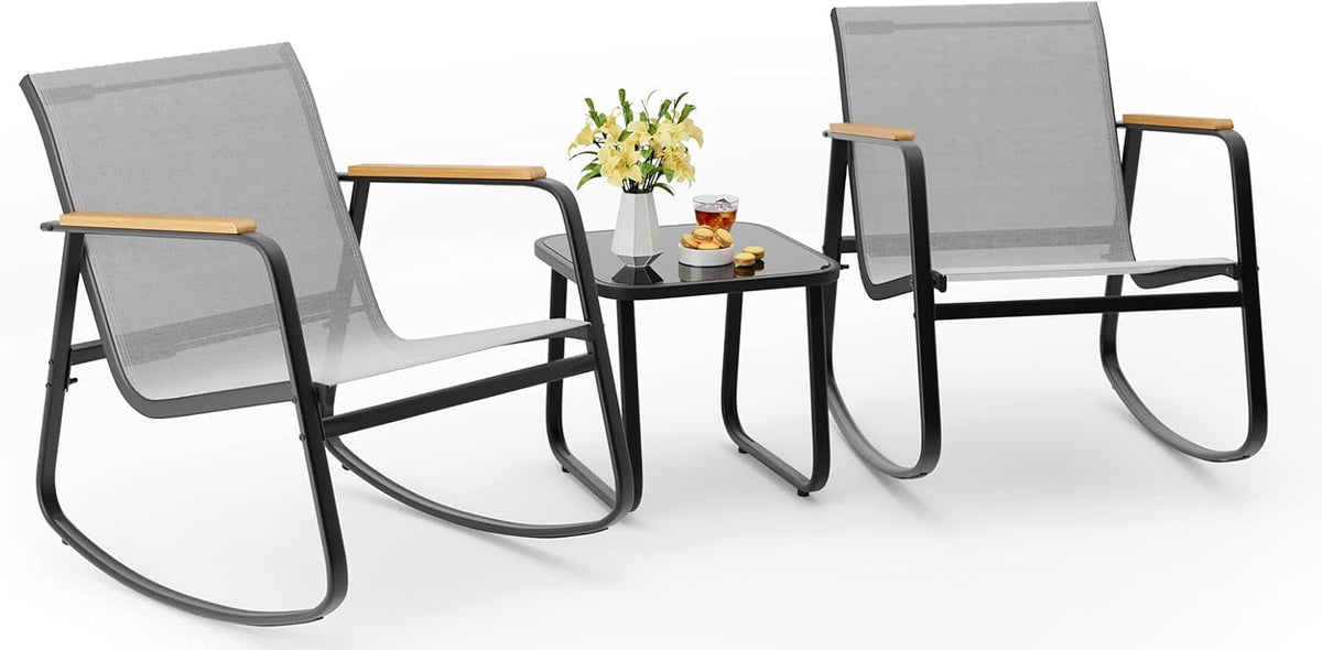 Aiho 3 Piece Patio Bistro Set, Textilene Rocking Chairs for Porch, Gray