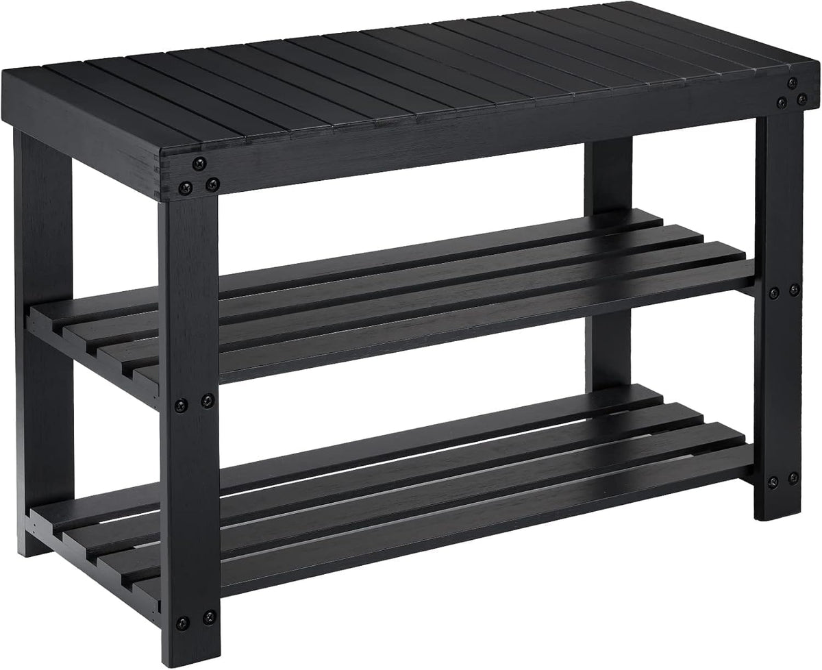 Pipishell 3 Tier Bamboo Shoe Rack Bench for Entryway, Black