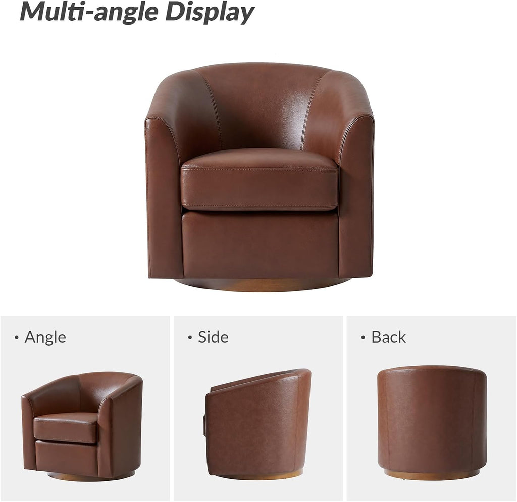 HULALA HOME Genuine Leather Swivel Barrel Chair with Solid Wood Base, Brown
