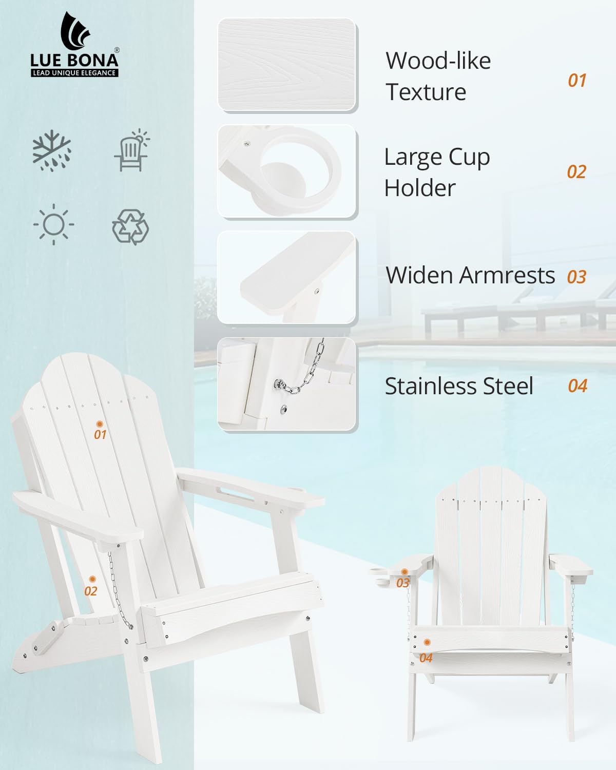 LUE BONA HDPE Folding Adirondack Chair, Cup Holder, Set of 2, White
