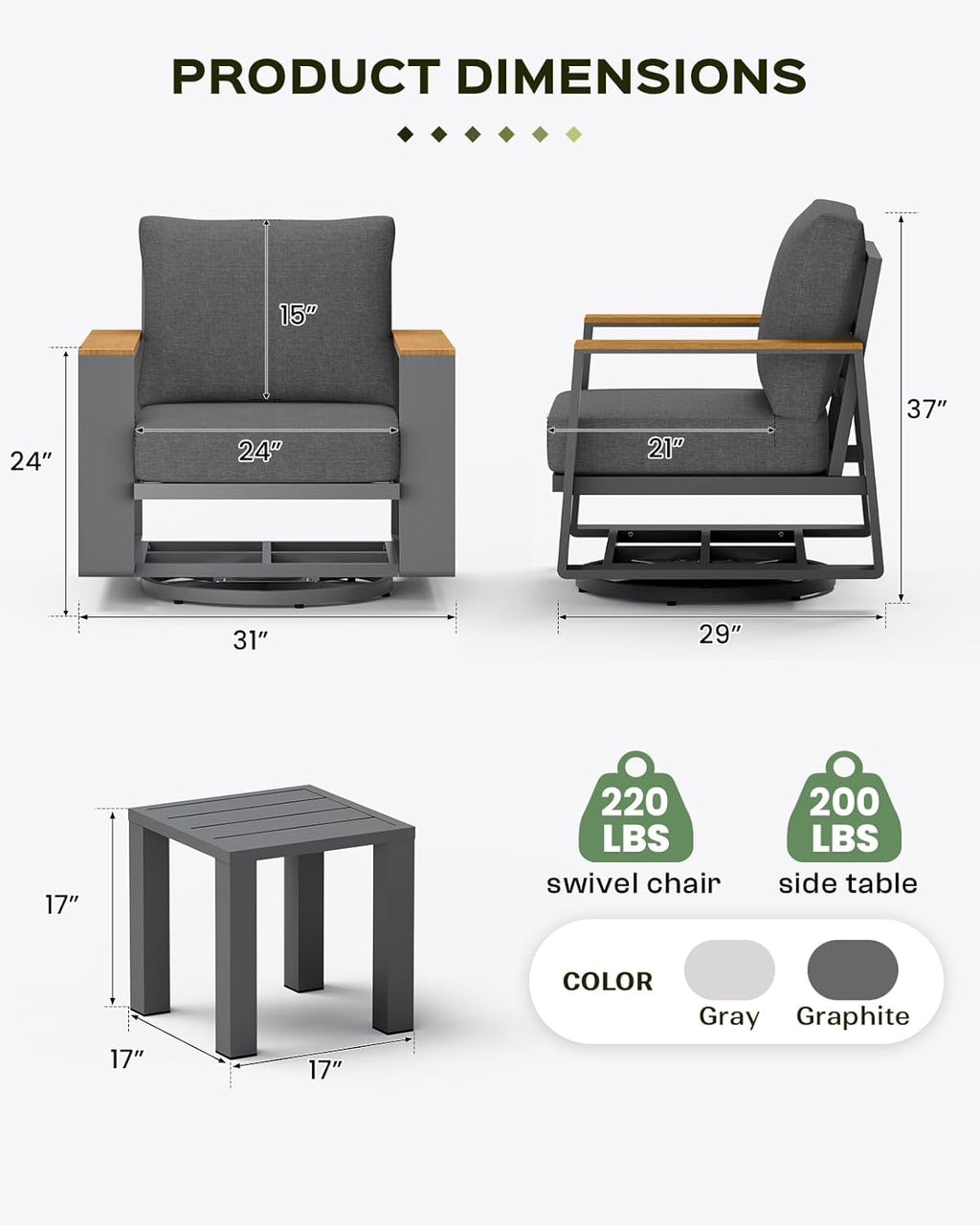 Vexwalx Aluminum Luxury Outdoor Swivel Patio Chairs with Table Set, Oversized 3 Pieces Patio Conversation Furniture Set with High Back&Washable Cushions, Outdoor Bistro Set for Porch, Deck, Graphite