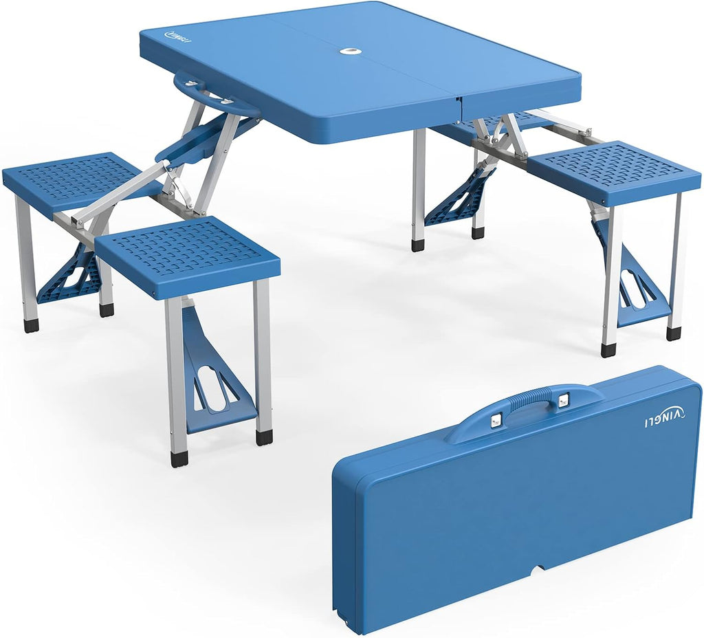 VINGLI 4 Ft Camping Picnic Table Set with 4 Seats with Umbrella Hole Folding Lightweight Suitcase Card Table-220 Lbs Support Aluminum Frame, Plastic RV Tabletop for Barbecue,Travel,Outing,Gathering