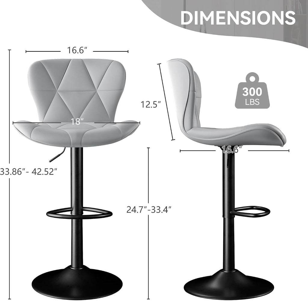 Bar Stools Set of 2,Faux Leather Bar Chairs,Upholstered Counter Height with High Backrest for Kitchen Island, Light Grey