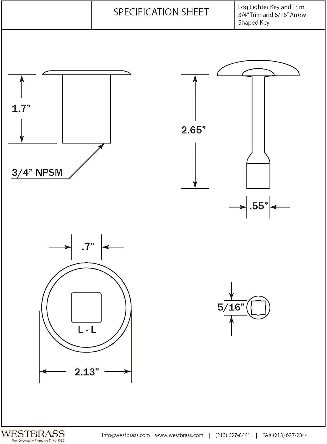 Westbrass R500-62 3/4" NPSM Gas Fire Pit and Fireplace Log Lighter Key Valve Trim Kit, Matte Black, 1-Pack