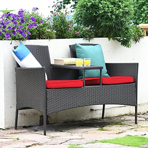 Tangkula Outdoor Rattan Loveseat, Patio Conversation Set with Cushions & Table, Modern Patented Wicker Sofa Set with Built-in Coffee Table, Rattan Sofas for Garden Lawn Backyard