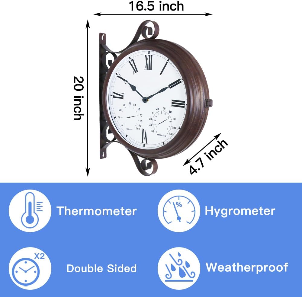 BESTIME MT-32 Three-in-one Double Sided Metal Wall Clock.Quiet,Easy Read,Antique Hanging Clocks,Garden,Indoor,Outdoor,Home Décor,Farmhouse,Station.