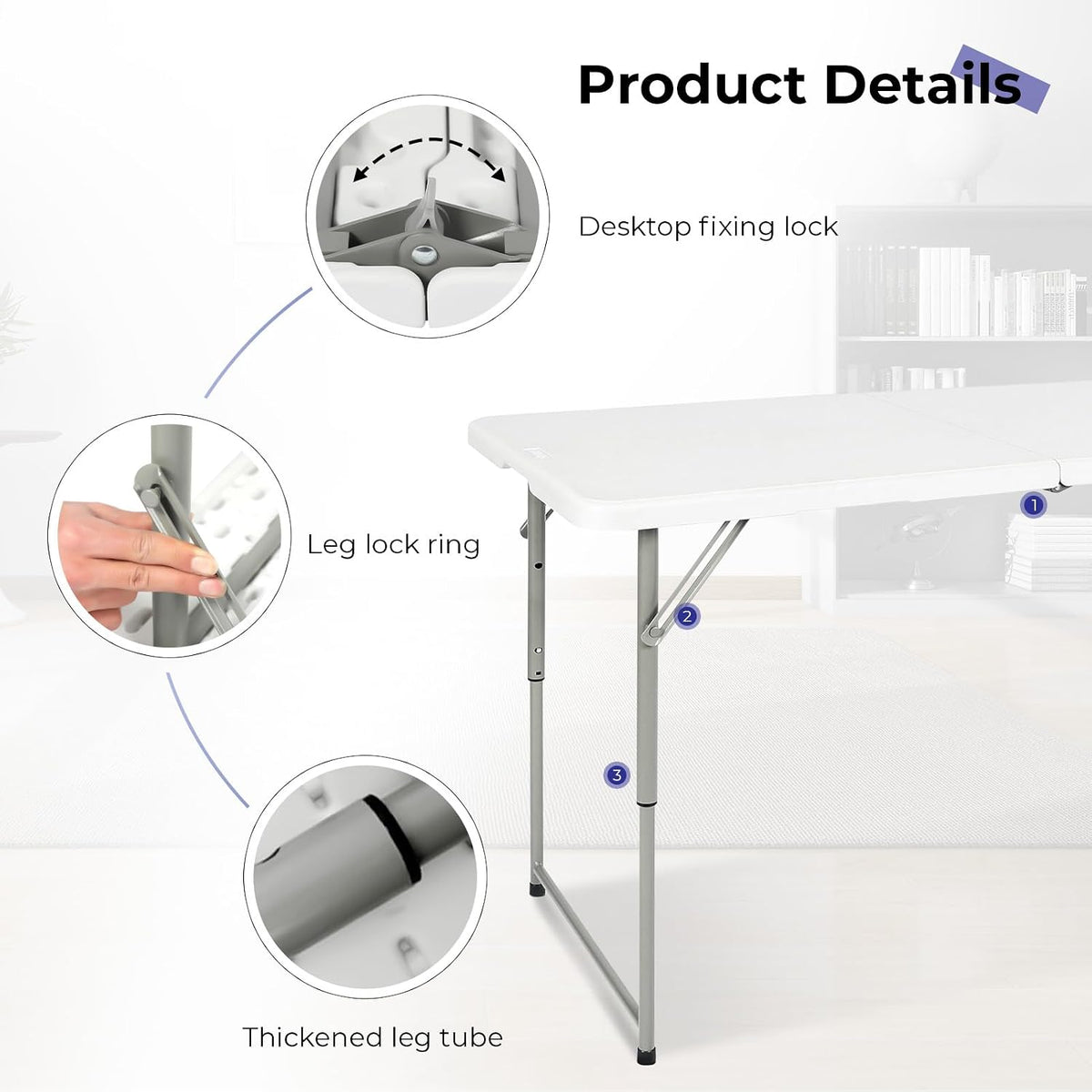 Folding Table 4 Foot,Portable Heavy Duty Plastic Utility Table,White