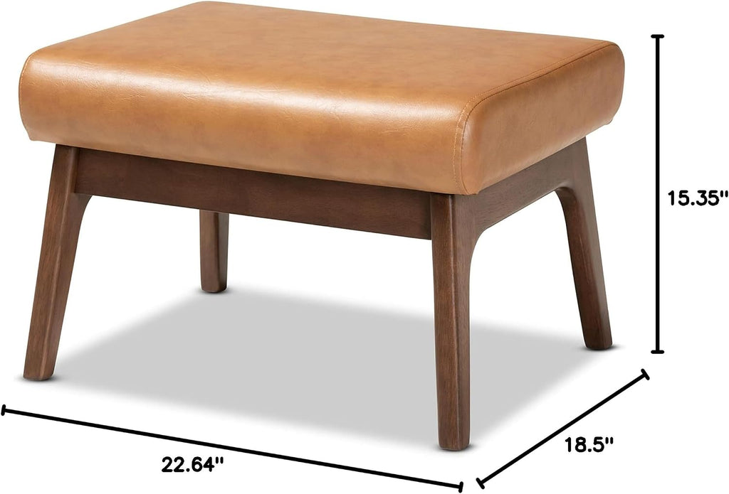 Baxton Studio Bianca Mid-Century Modern Walnut Brown Finished Wood and Tan Faux Leather Effect Ottoman