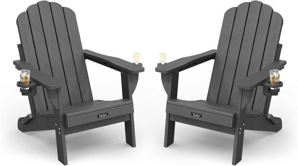 Folding Adirondack Chairs Set of 2, HDPE Outdoor Chair with 2 Cup Holders
