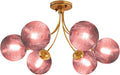 6-Light Pink Chandelier, Glass Globes Flush Mount Ceiling Light