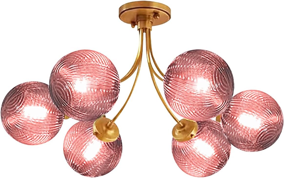 6-Light Pink Chandelier, Glass Globes Flush Mount Ceiling Light