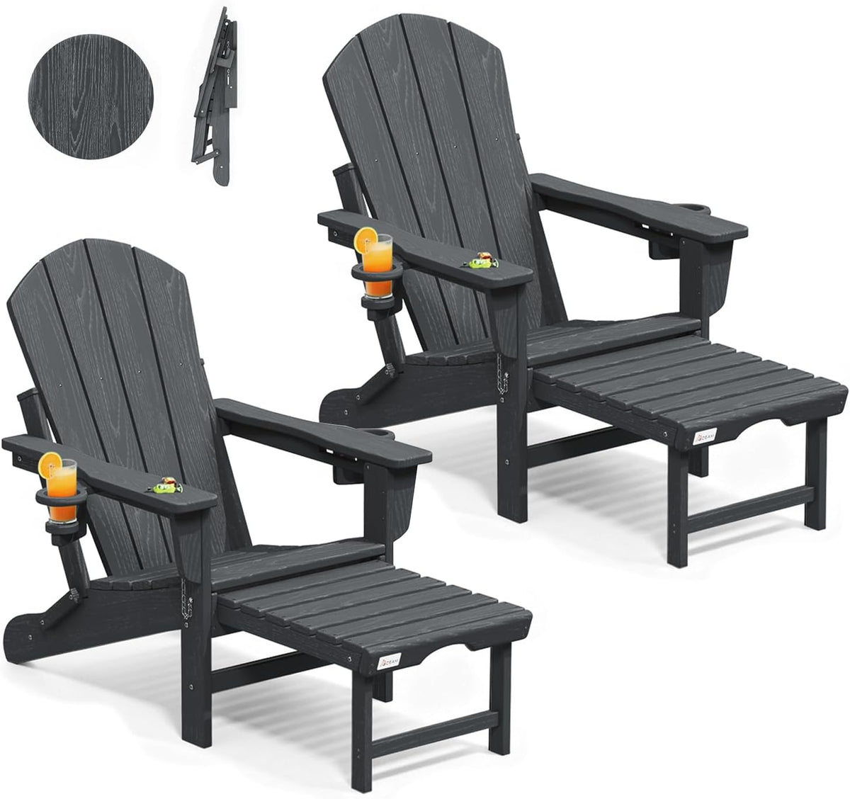 Mdeam HDPE Folding Adirondack Chairs Set of 2, 400 lbs 2 Cup Holders, Grey