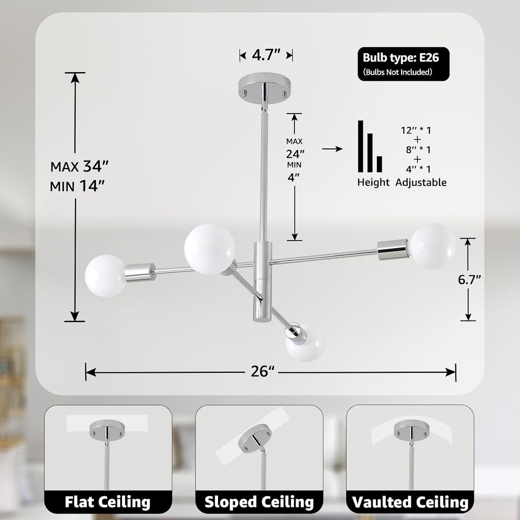 hhr modern sputnik lighting fixture 4 bulbs chrome, close-up detail