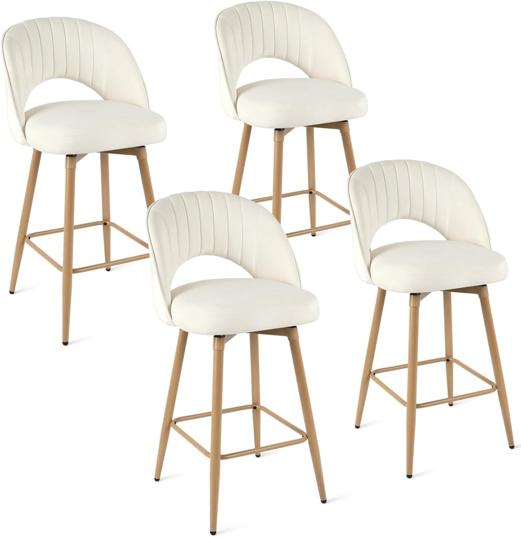 Swivel Bar Stools Set of 4, Counter Height Barstools for Kitchen Island, 26" Seat Height Bar Chairs for Dining Room, Velvet Upholstered Bar Stool with Back and Footrest, White