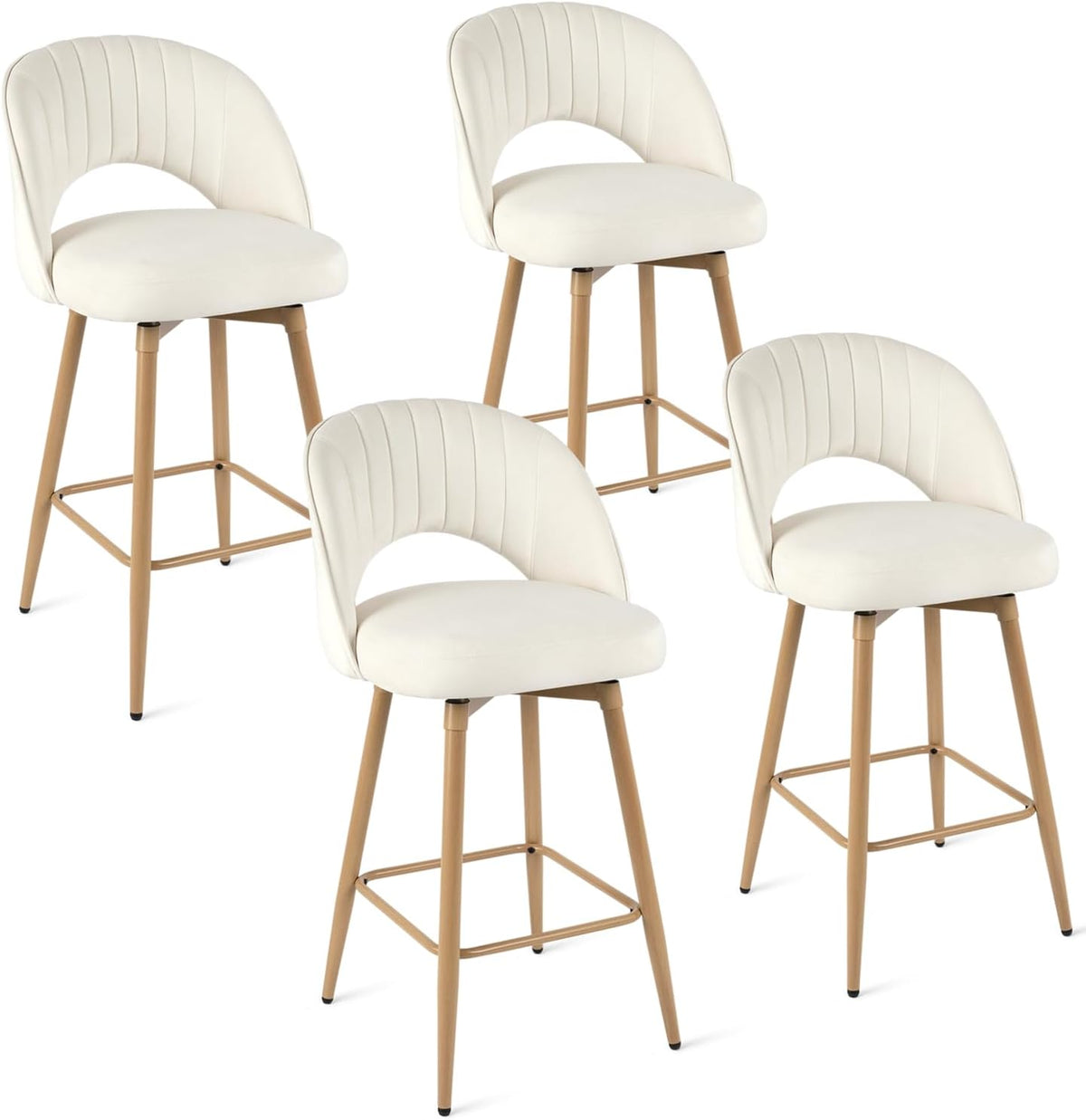 Swivel Bar Stools Set of 4, Counter Height Barstools for Kitchen Island, 26" Seat Height Bar Chairs for Dining Room, Velvet Upholstered Bar Stool with Back and Footrest, White