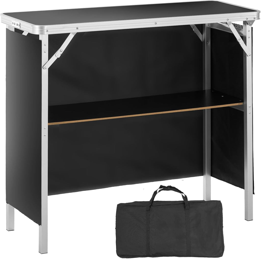 VEVOR Folding Portable Bar Table, Tradeshow Podium Table for Indoor, Outdoor, Party, Picnic, Exhibition, Includes Carrying Case, Storage Shelf and Black Skirt, 38.39" x 15.16" x 34.25"