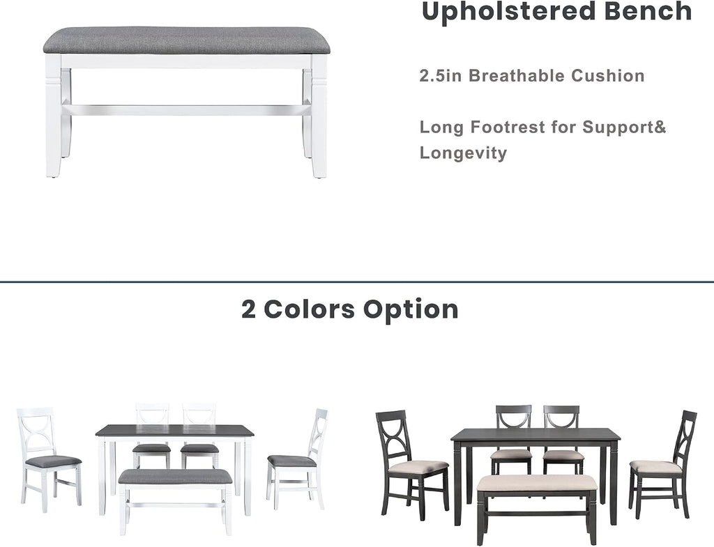LUMISOL Farmhouse Dining Table Set for 6, Farmhouse Kitchen Table Set with 4 Upholstered Chairs and Long Bench for Kitchen, Dining Room, Grey+White
