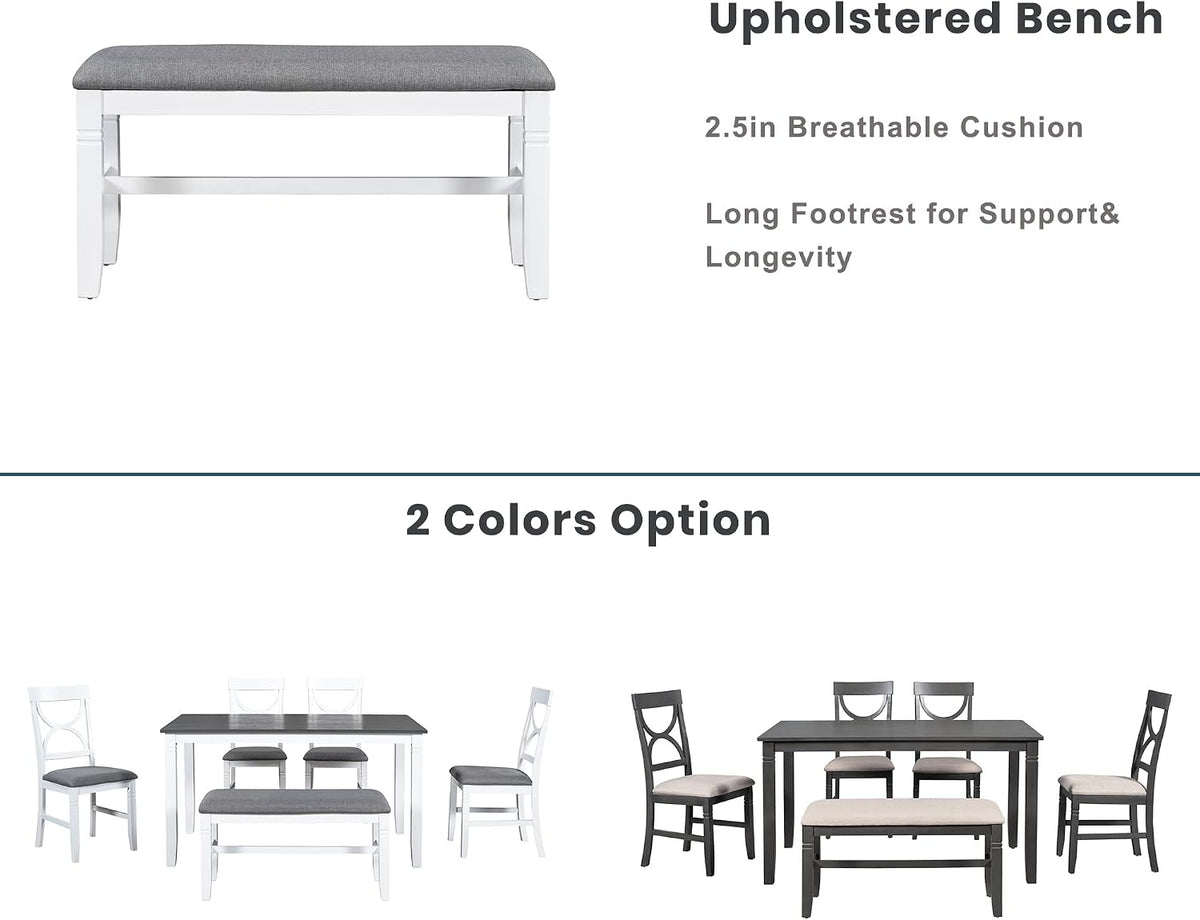 LUMISOL Farmhouse Dining Table Set for 6, Farmhouse Kitchen Table Set with 4 Upholstered Chairs and Long Bench for Kitchen, Dining Room, Grey+White