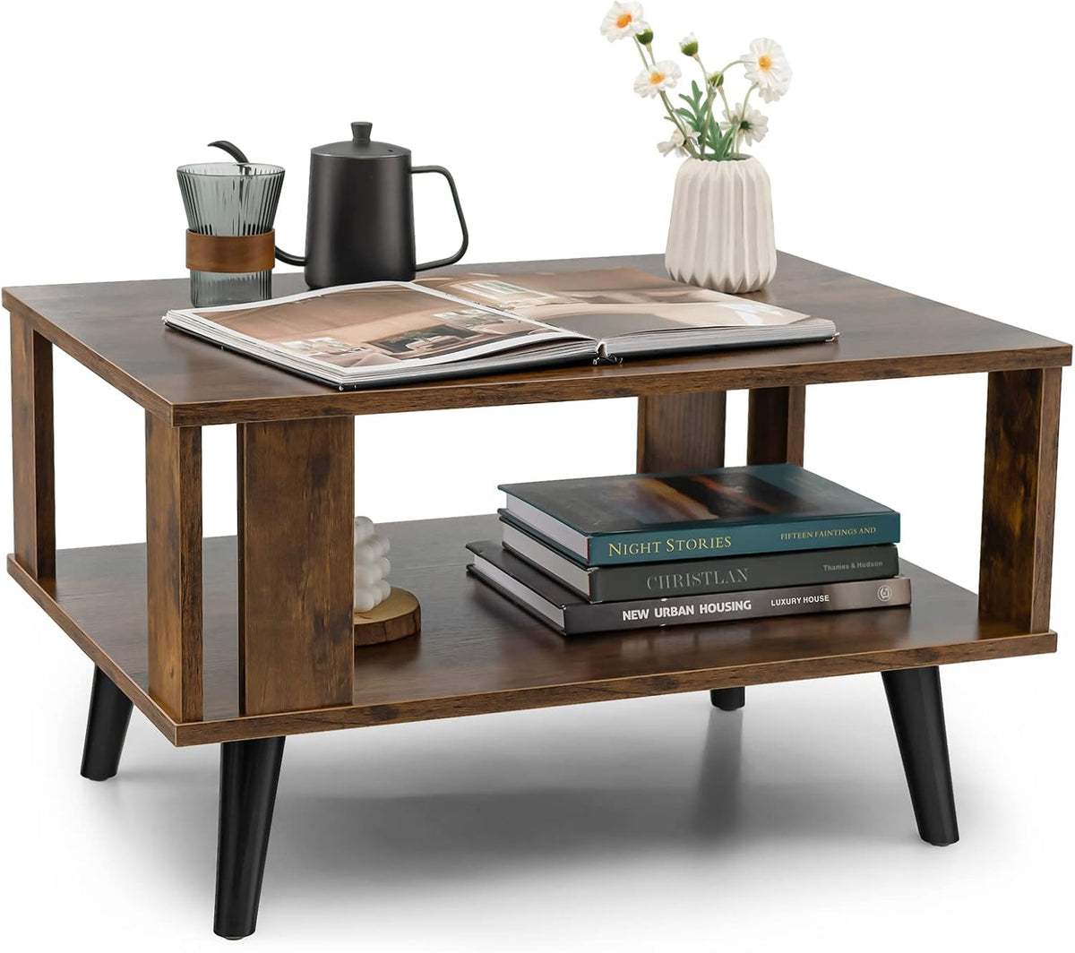 GIANTEX Small Wood Coffee Table, 2-Tier Tea Table w/Open Storage Shelf & Supportive Legs, Easy Assembly, Mid-Century Center Table for Living Room, Reception Room