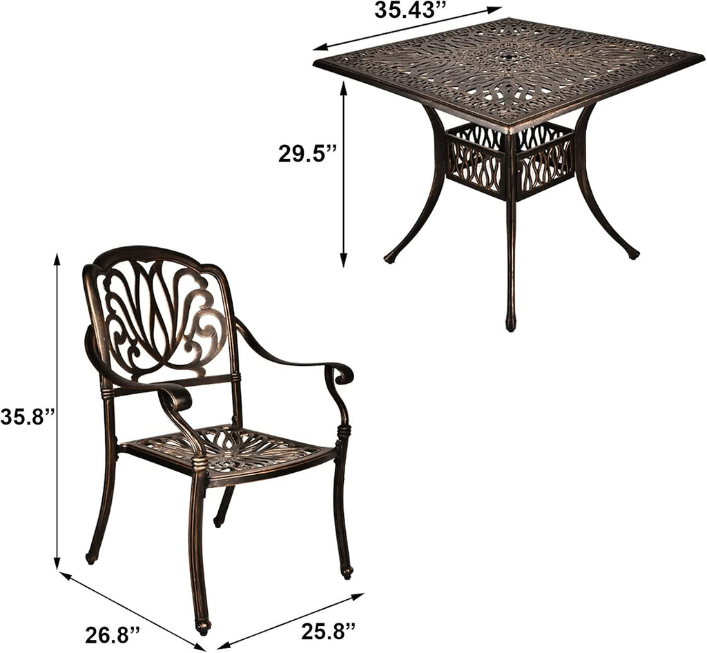 TITIMO 5-Piece Outdoor Patio Dining Set, Cast Aluminum Patio Furniture Set, 4 Chairs and 35.4" Square Table with 2.2”Umbrella Hole, Cast Aluminum Conversation Set for Yard Garden Porch Poolside