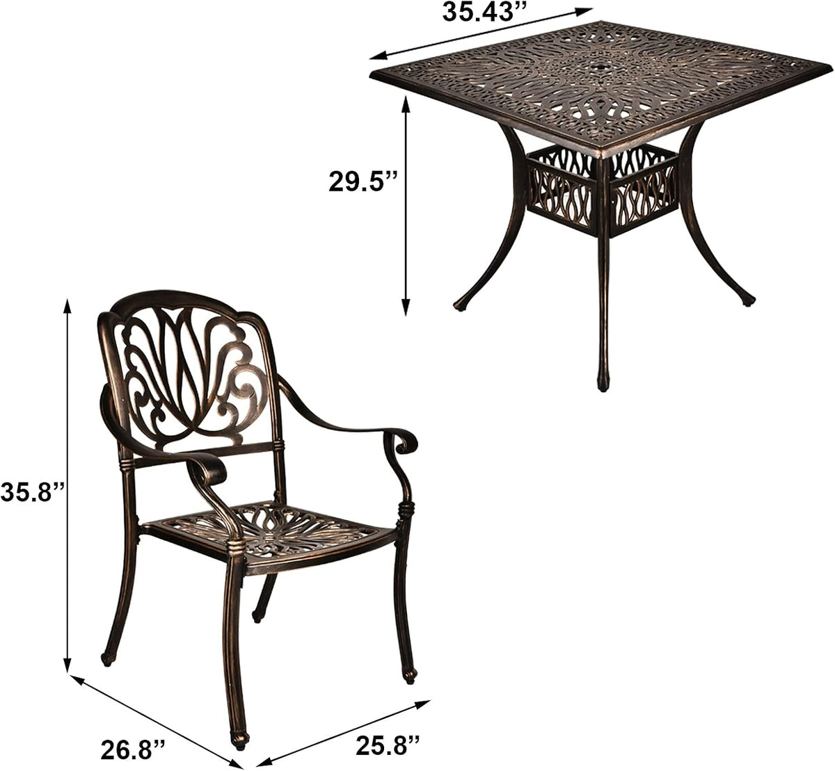 TITIMO 5-Piece Outdoor Patio Dining Set, Cast Aluminum Patio Furniture Set, 4 Chairs and 35.4" Square Table with 2.2”Umbrella Hole, Cast Aluminum Conversation Set for Yard Garden Porch Poolside