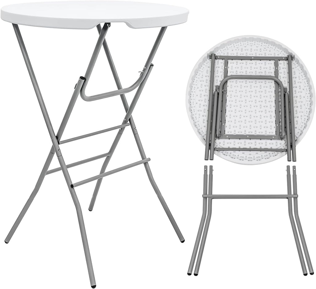 31.5" L X 31.5" W X 43" H - Cocktail Table White High Top Folding Table, Portable Bar Height Folding Table Round with Detachable Gray Legs