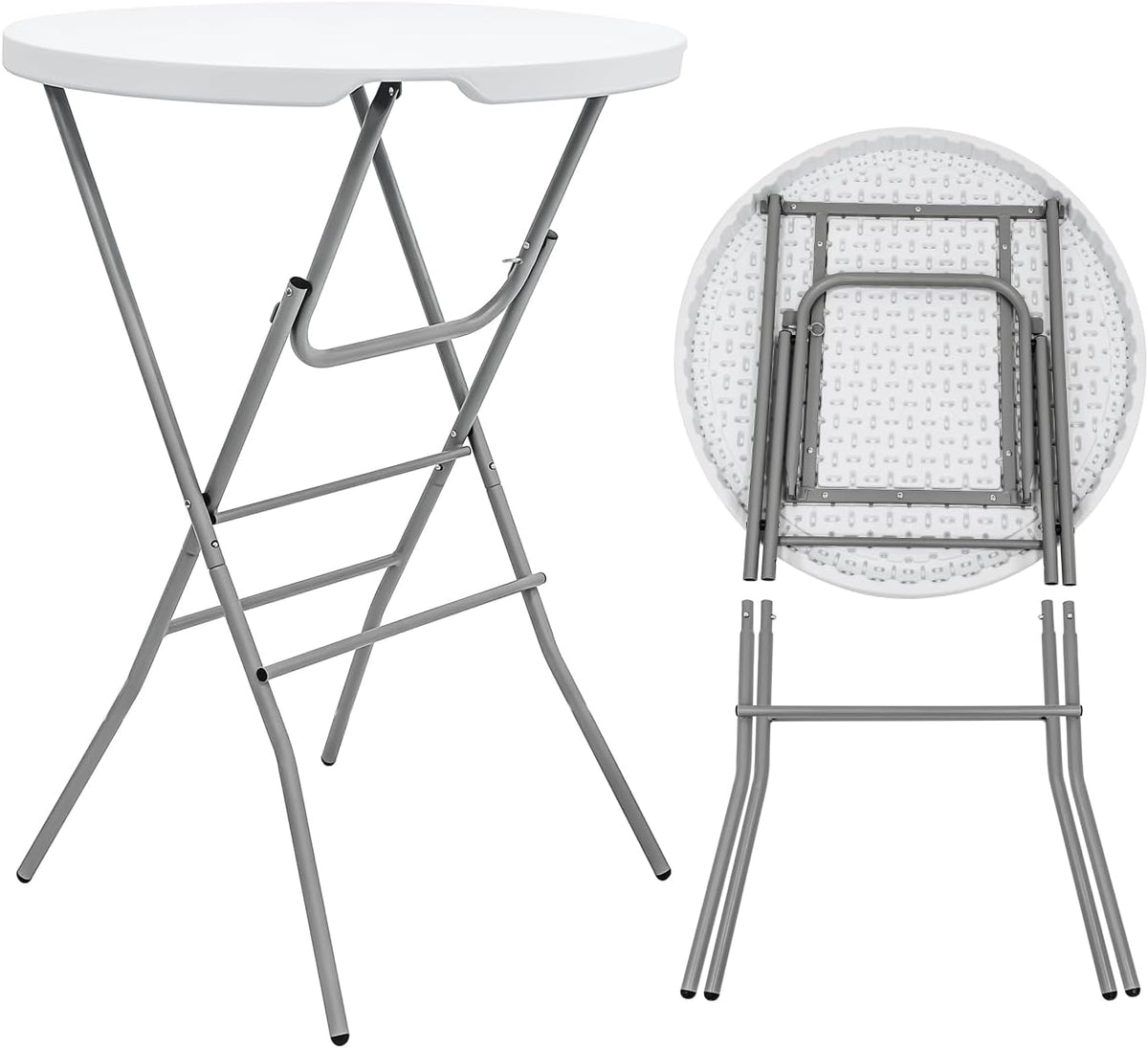 31.5" L X 31.5" W X 43" H - Cocktail Table White High Top Folding Table, Portable Bar Height Folding Table Round with Detachable Gray Legs