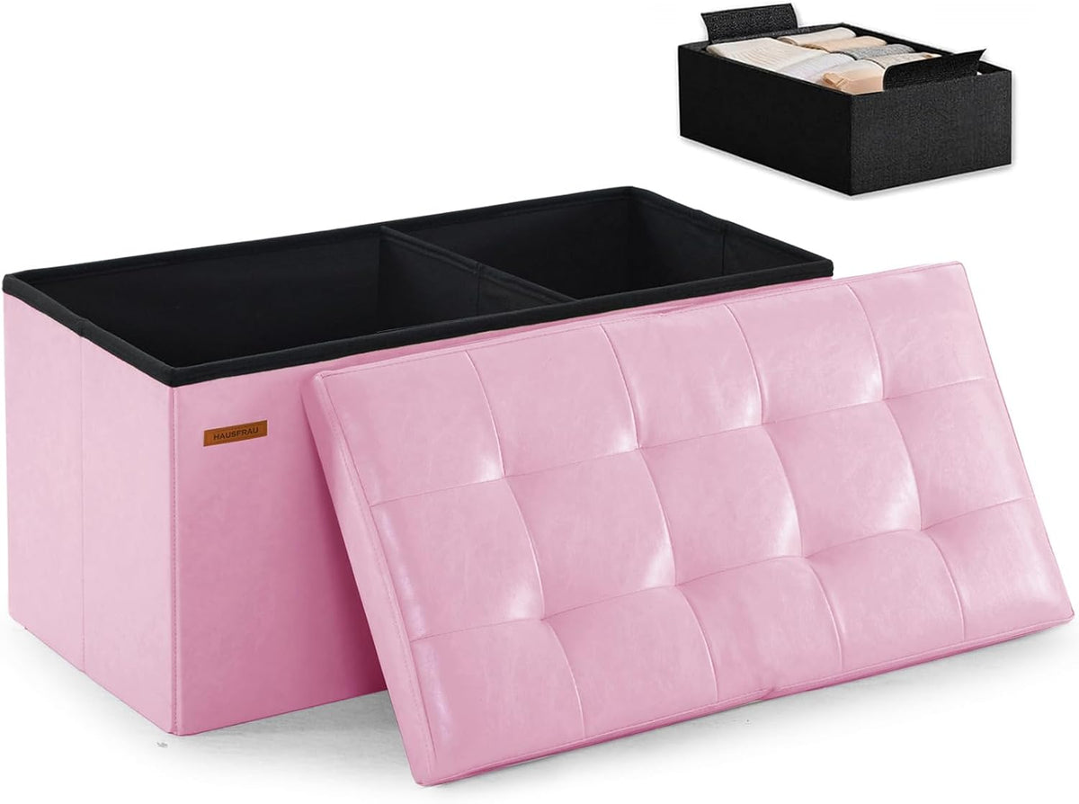 HAUSFRAU Ottoman with Storage Bench Folding Foot Rest Stool Pink