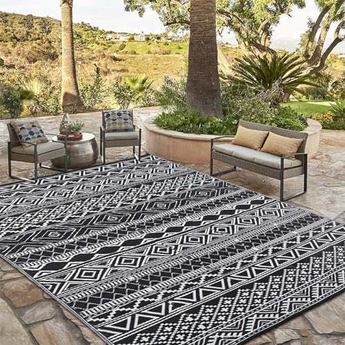 Garvee Outdoor Rug 9x18 Reversible Waterproof Rug for Patio Black/White