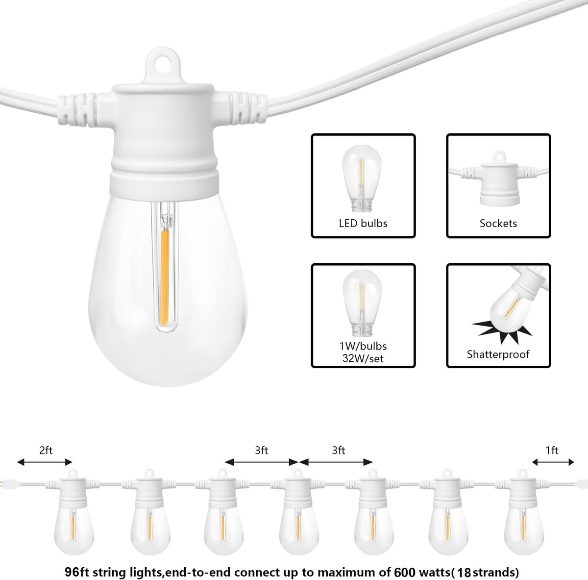 SUNTHIN 96FT White Outdoor String Lights with 32 LED Bulbs