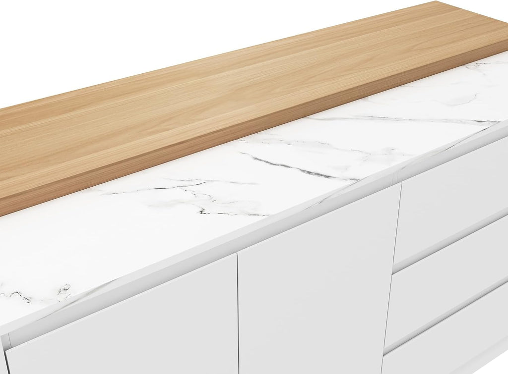 82.7" Large Bar Table Kitchen Station, Home Bar Unit with Lighting, 3 Drawers & 4 Shelves, Bar Cabinets Reception Desk for Home Pub Kitchen Storage, White