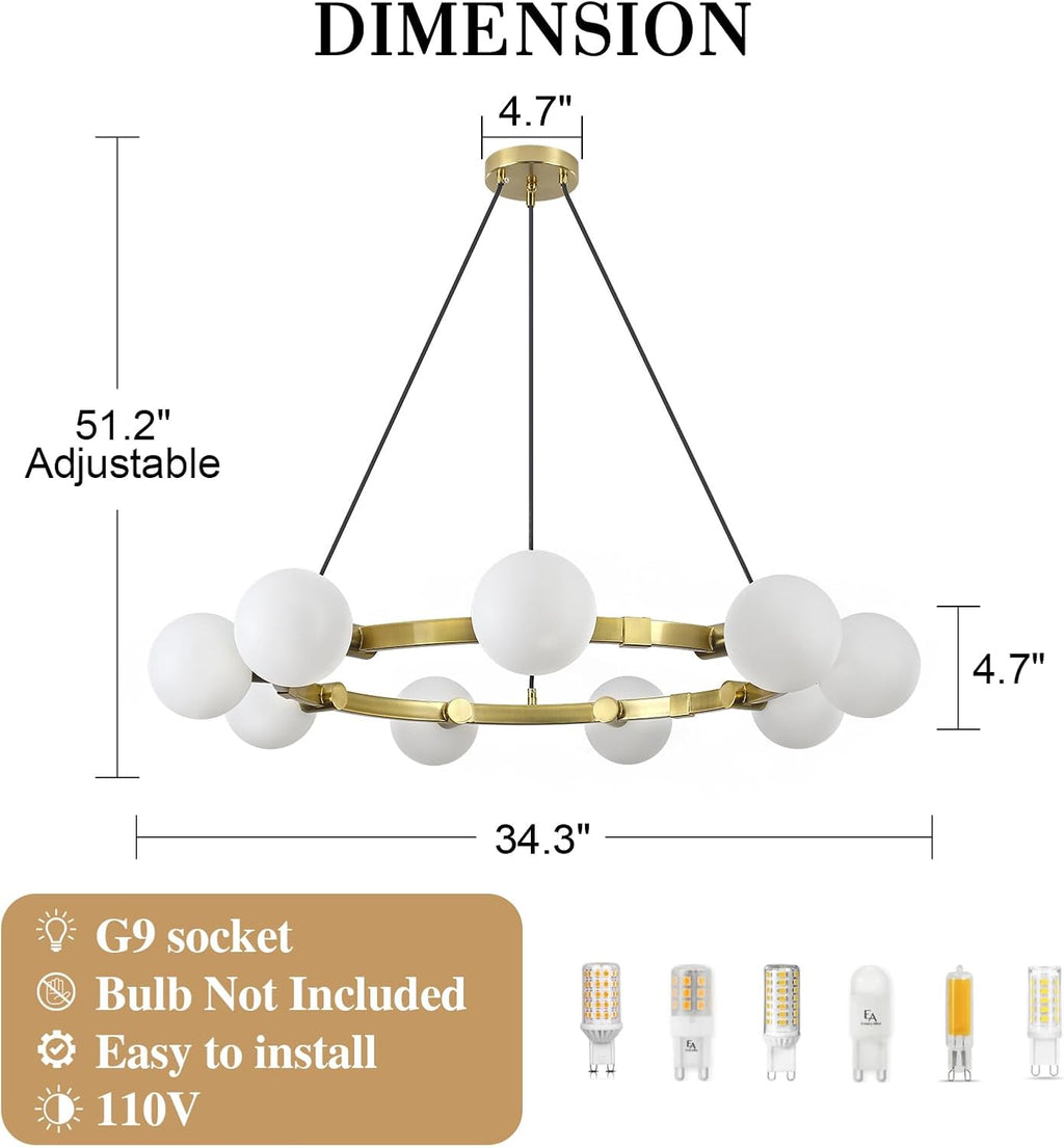 9-light brass sputnik chandeliers, white globe ceiling light, side view