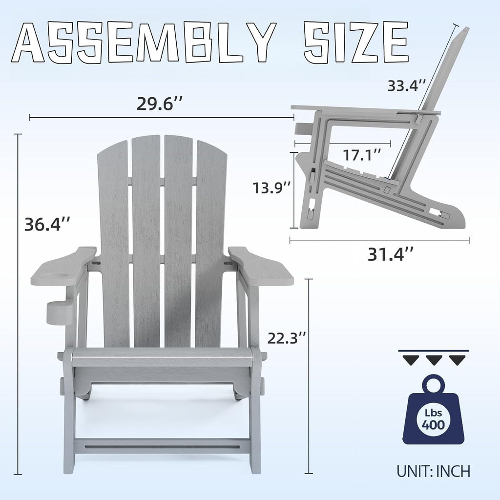 Adirondack Chair, All Weather Plastic Adirondack Chairs, Fire Pit Chairs with Cup Holder, Outdoor Lawn Chair for Patio, Garden, Backyard, Grey