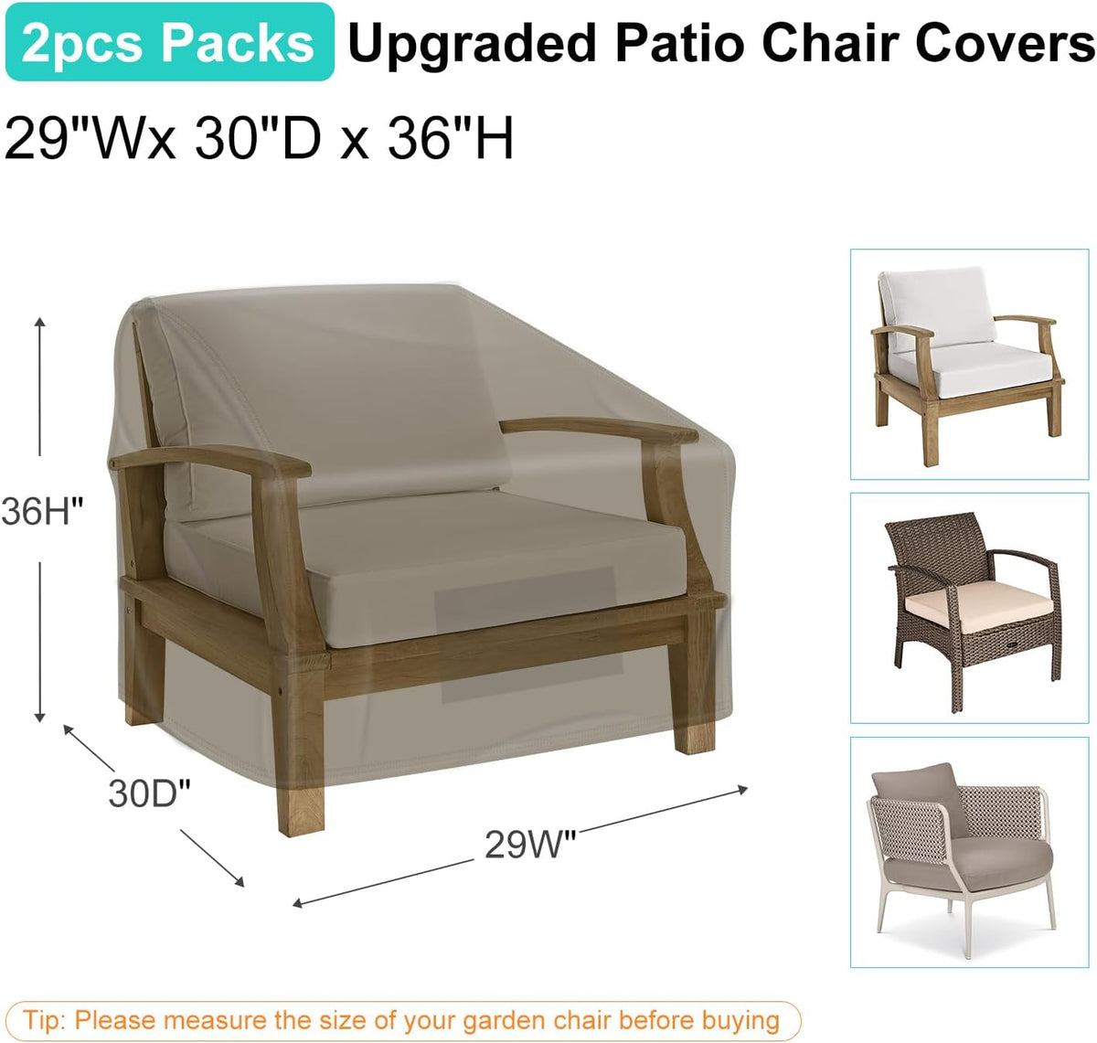 outdoor patio chair covers waterproof 29"wx30"dx36"h, brown shown in use