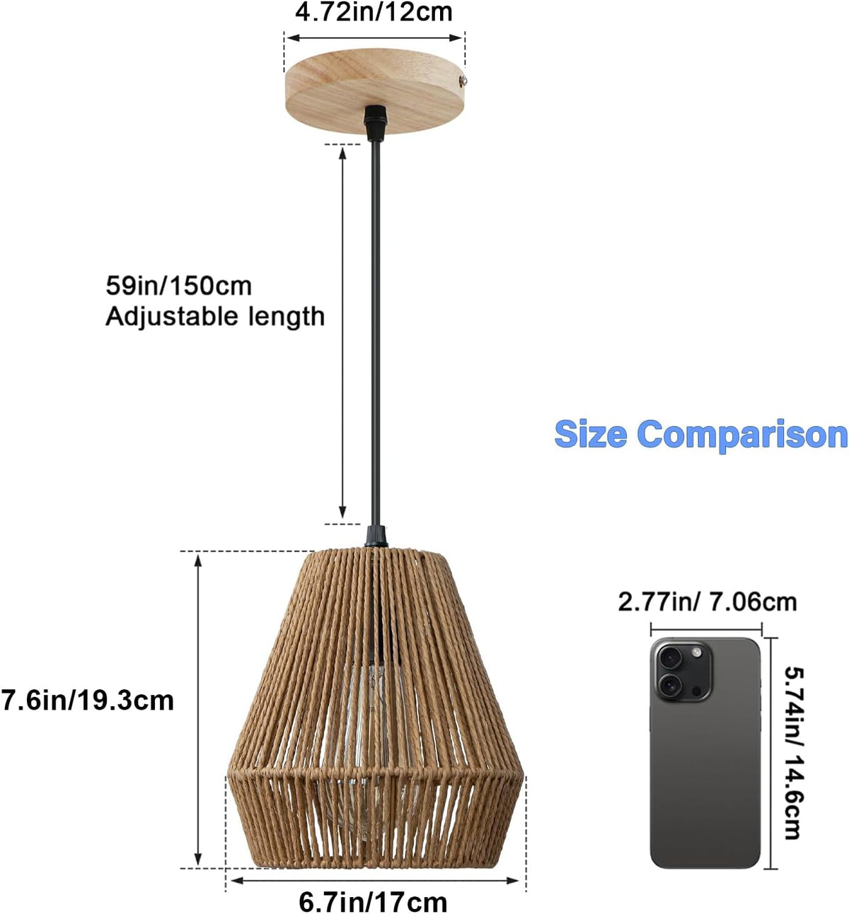 6.7'' woven rattan pendant light fixtures, 2 pack, side view
