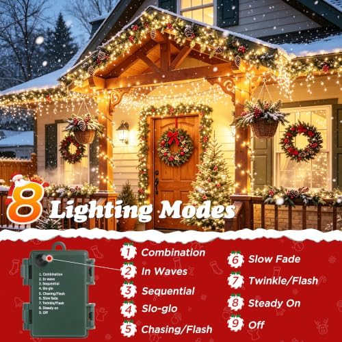 Quntis Battery Powered String Lights Outdoor, 132FT 300 LED Indoor Christmas Tree Lights Waterproof with 8 Modes and Timer for Halloween Patio Balcony Garden, Warm White