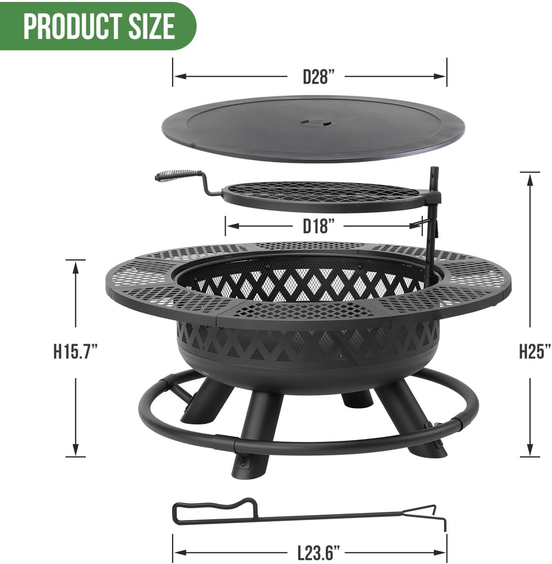 Panovue 42 Inch Outdoor Fire Pit with Grill Wood Burning 3-in-1 Firepit