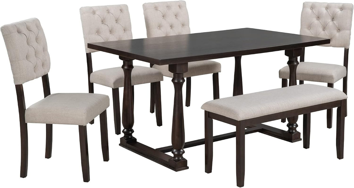 Merax 6-Piece Modern Dining Table Set for 4-6, Classic Dining Table Set with Including 1 Dining Table, 4 Cushions Chairs and Bench, Wooden Legs Table Set for Dining Room, Espresso