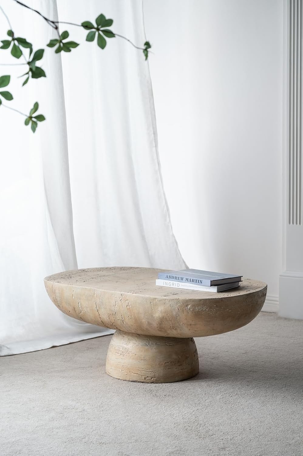 WILLIAMSPACE 36" Oval Coffee Table, Modern Faux Stone Circle Center Table Accent Travertine Tea Table for Living Room, Magnesium Oxide, Cream