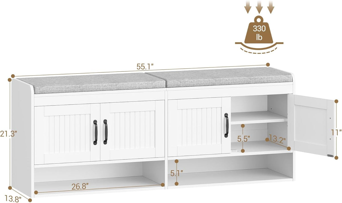 Hzuaneri 55.1" Shoe Storage Bench, Shoe Bench with 4 Doors & Padded Cushion