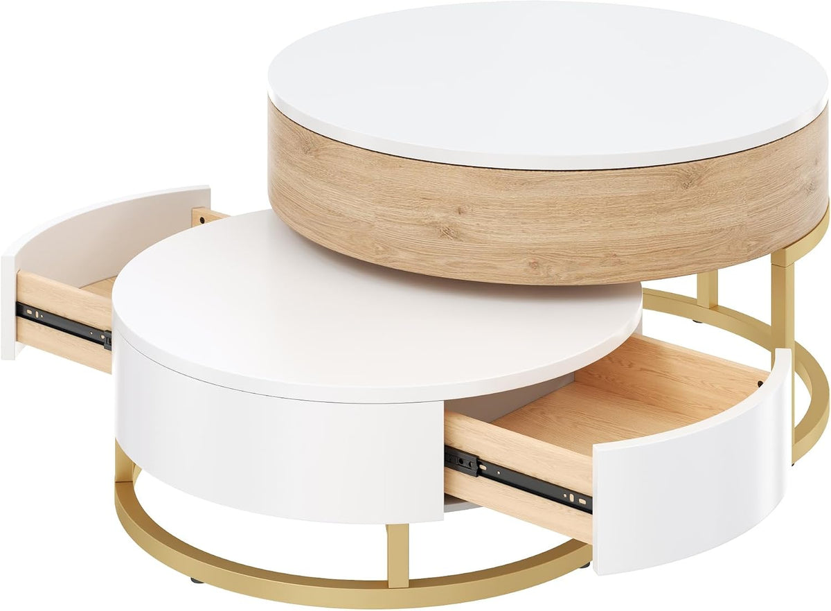 Modern Round Lift-top Nesting Coffee Tables with 2 Drawers for Living Room White & Natural